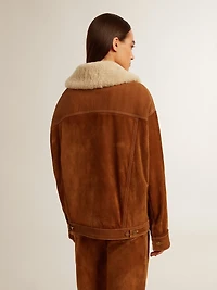 Women's jacket tobacco-colored split leather with a shearling collar