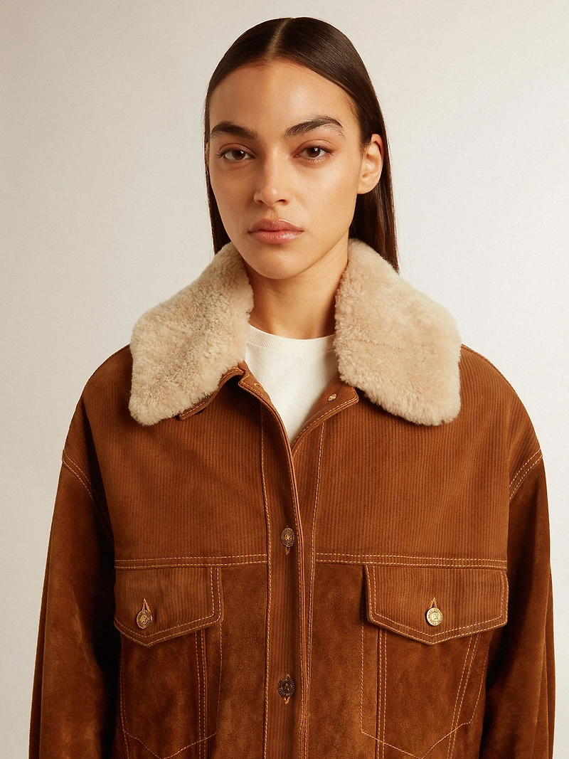 Women's jacket tobacco-colored split leather with a shearling collar