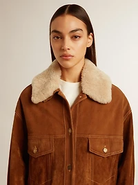 Women's jacket tobacco-colored split leather with a shearling collar