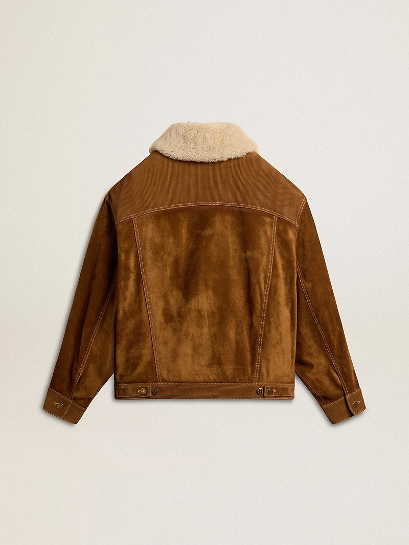 Women's jacket tobacco-colored split leather with a shearling collar