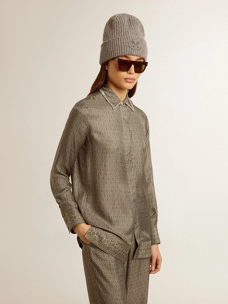 Women's green viscose-blend silk shirt with floral pattern