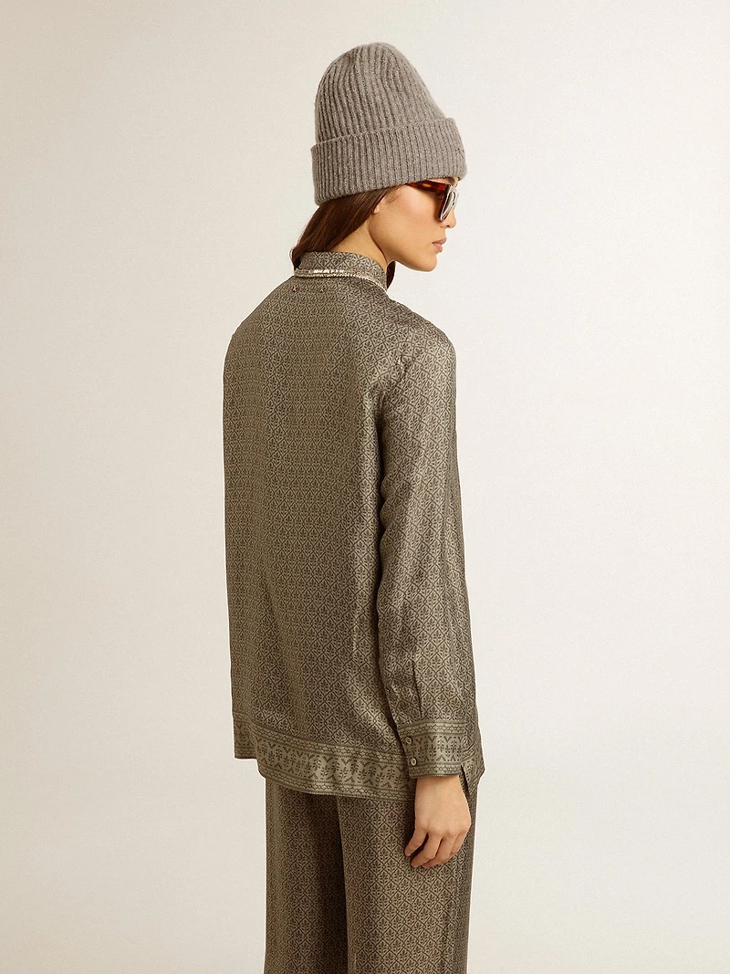 Women's green viscose-blend silk shirt with floral pattern