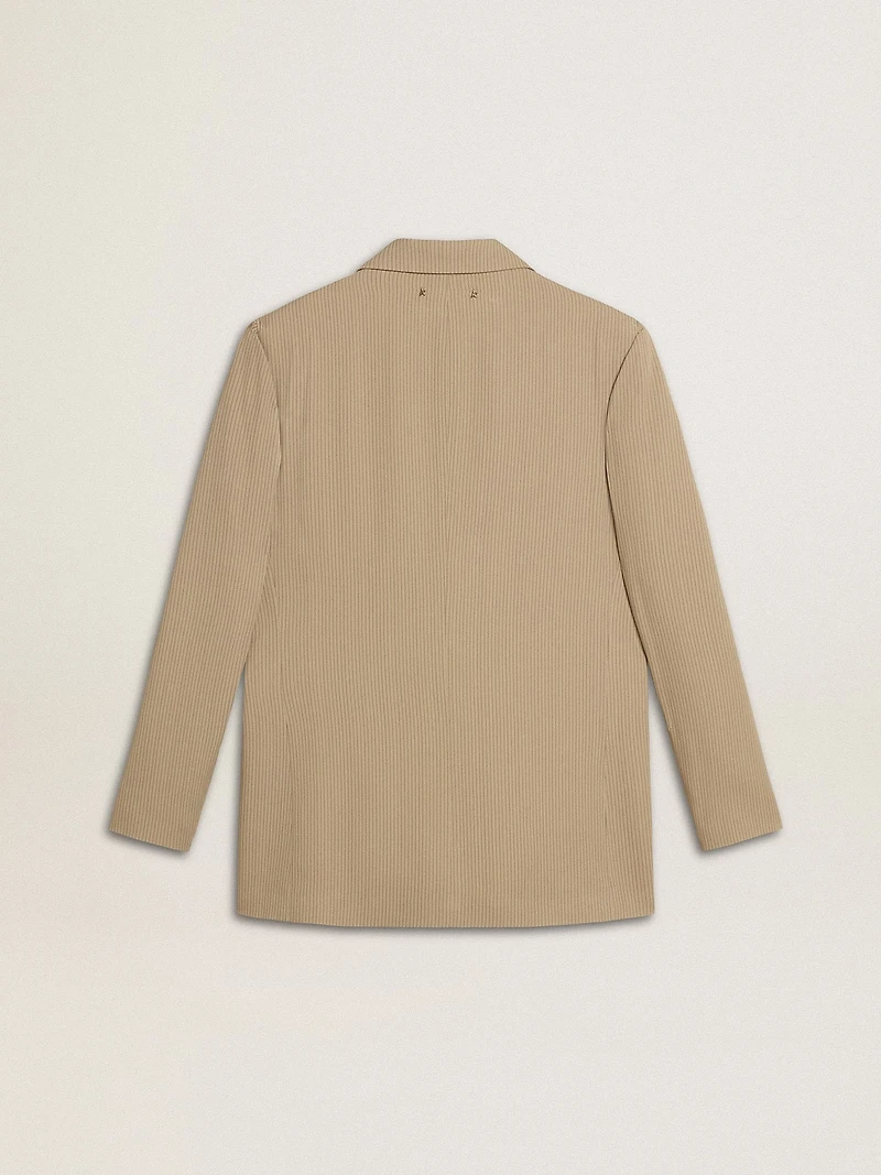 Women's beige pinstripe single-breasted jacket with an oversized fit
