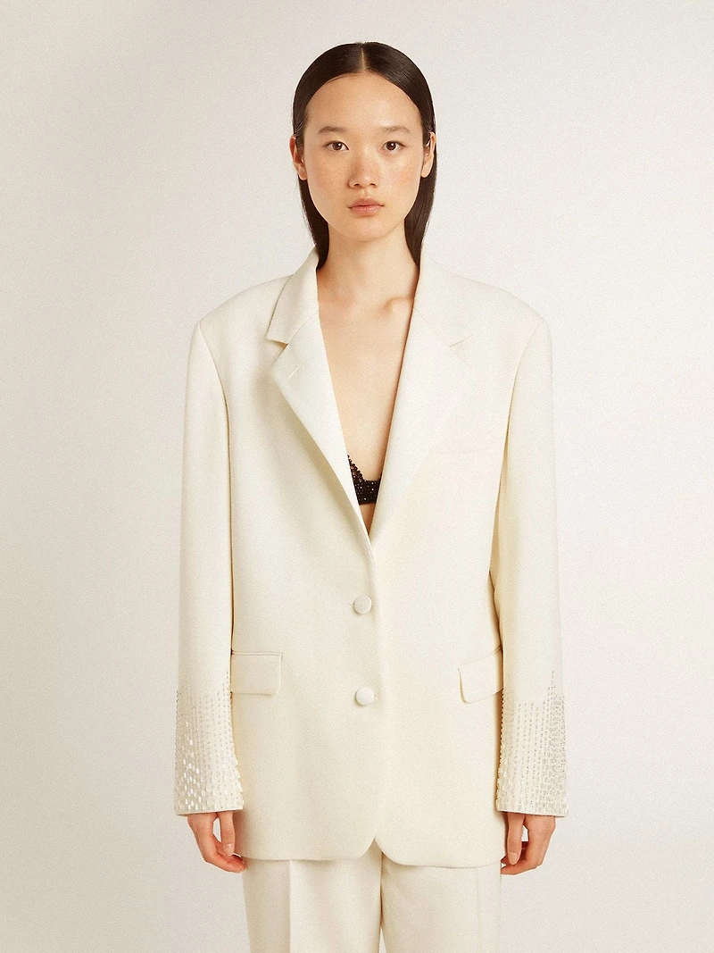 Single-breasted oversize jacket white with silk effect and embroidery