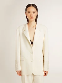 Single-breasted oversize jacket white with silk effect and embroidery