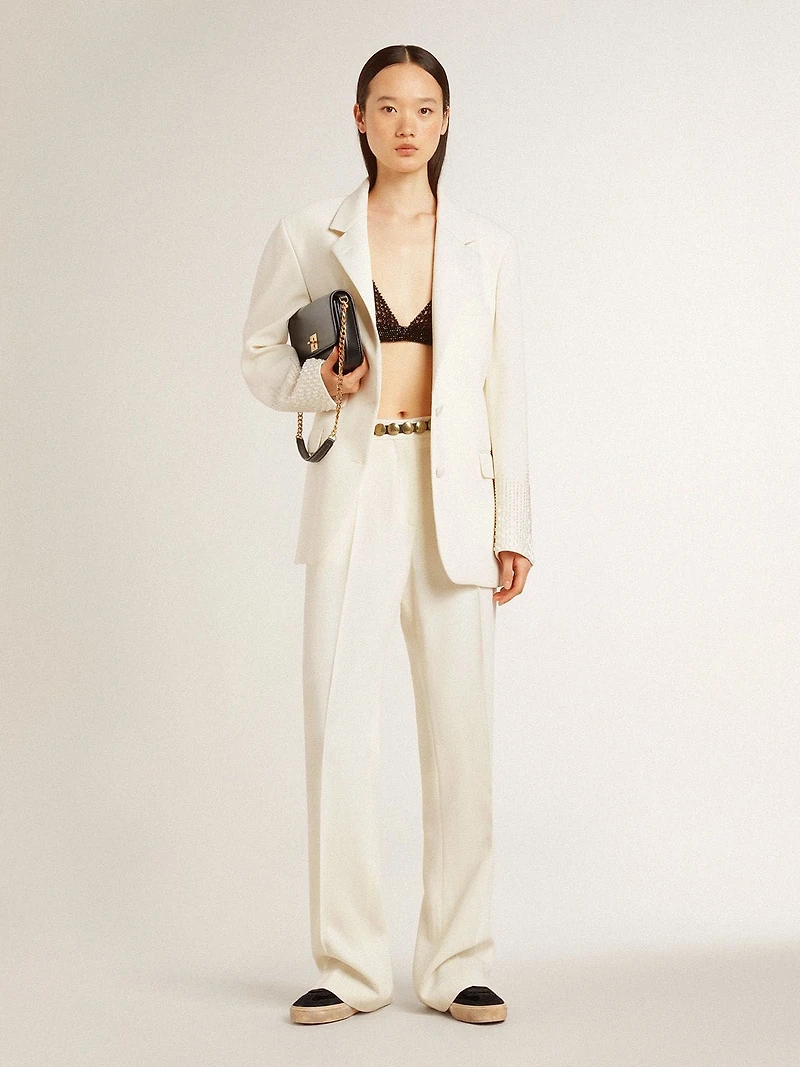 Single-breasted oversize jacket white with silk effect and embroidery