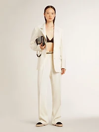 Single-breasted oversize jacket white with silk effect and embroidery