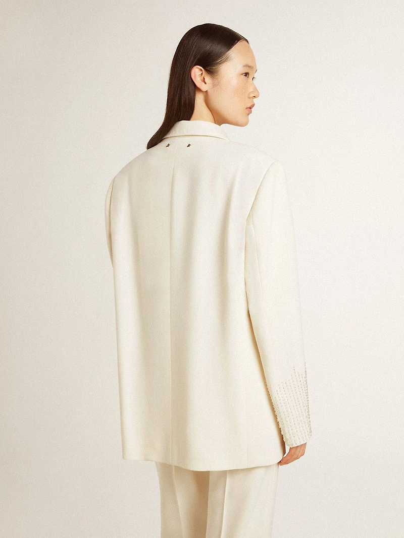 Single-breasted oversize jacket white with silk effect and embroidery
