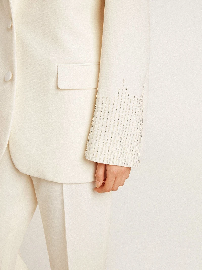 Single-breasted oversize jacket white with silk effect and embroidery