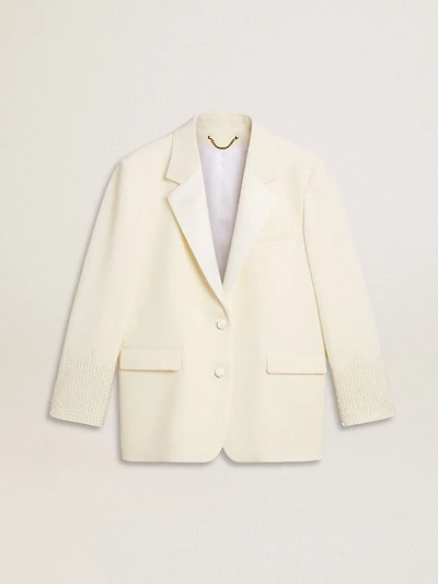 Single-breasted oversize jacket white with silk effect and embroidery