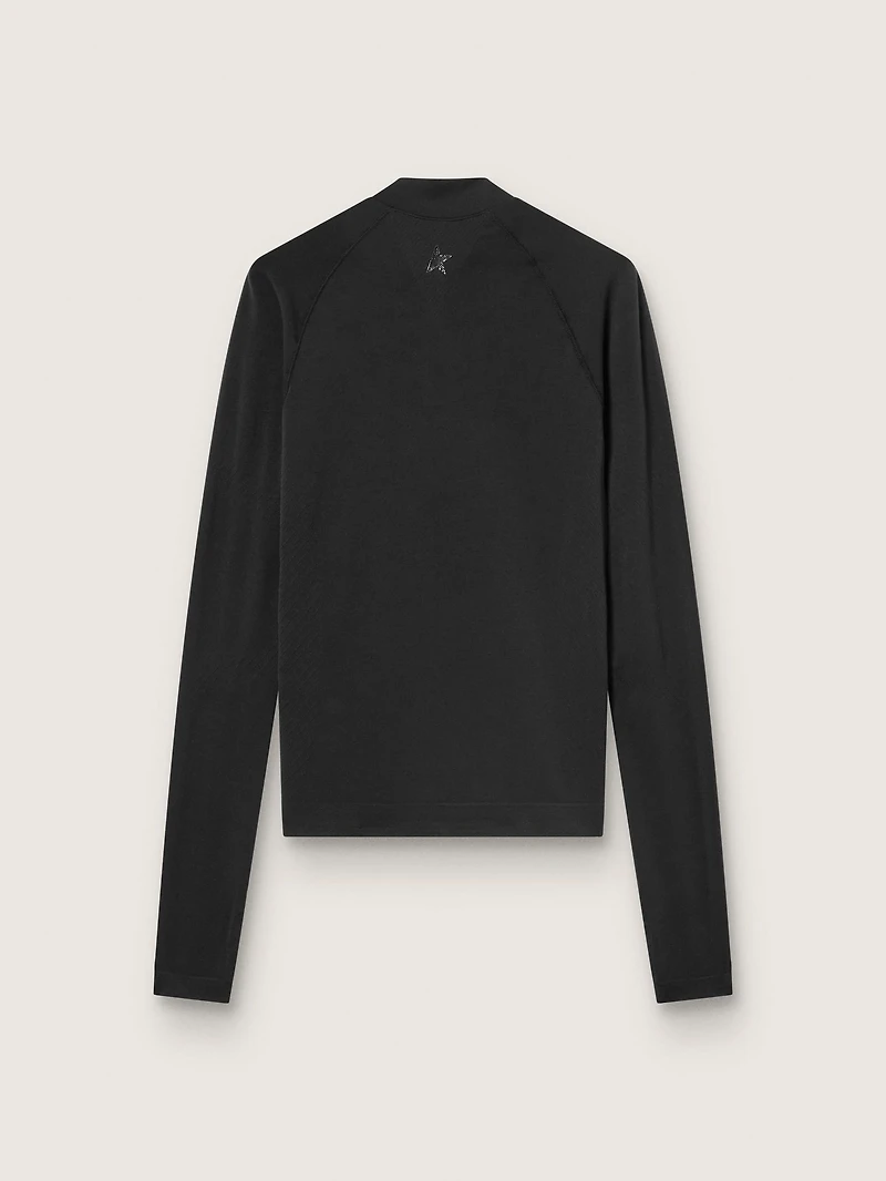 Women's black long-sleeve sports top with zip