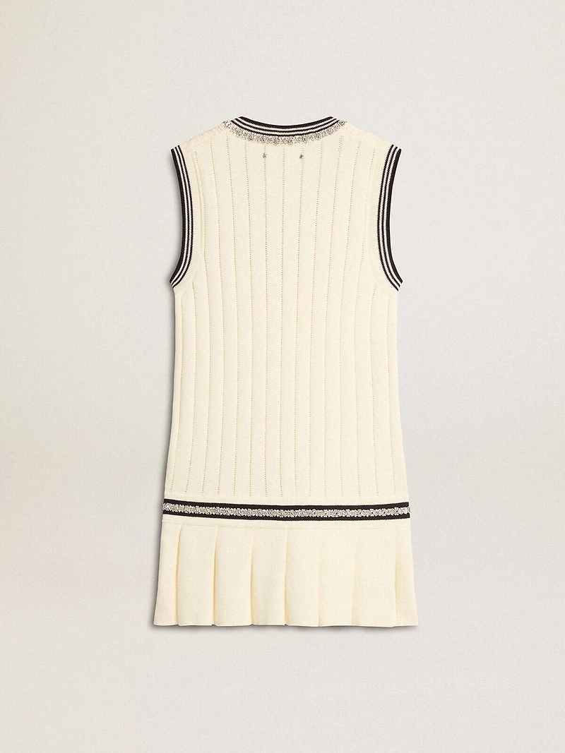 Women's worn-white cotton vest dress with dark blue ribbing and crystals