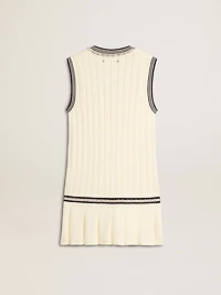 Women's worn-white cotton vest dress with dark blue ribbing and crystals