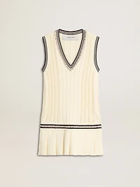 Women's worn-white cotton vest dress with dark blue ribbing and crystals