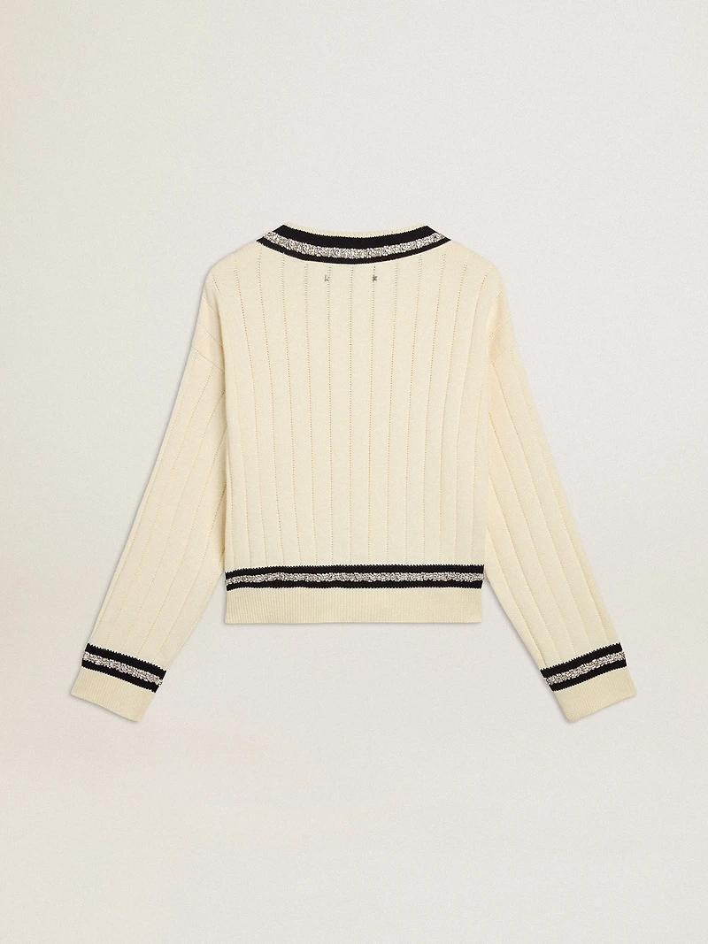 Women's cable-pattern cropped sweater with blue ribbing and crystals