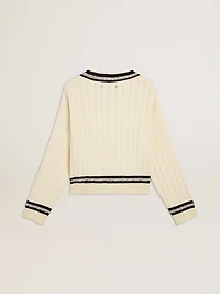Women's cable-pattern cropped sweater with blue ribbing and crystals