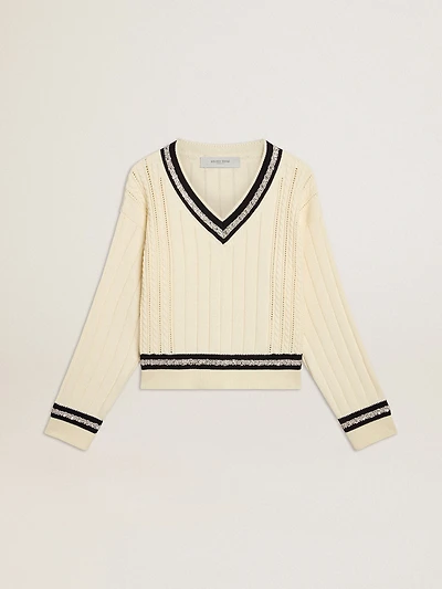 Women's cable-pattern cropped sweater with blue ribbing and crystals