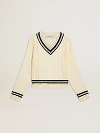 Women's cable-pattern cropped sweater with blue ribbing and crystals
