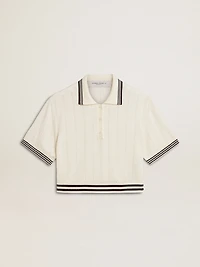 Women's cropped worn-white cotton polo shirt with blue ribbing