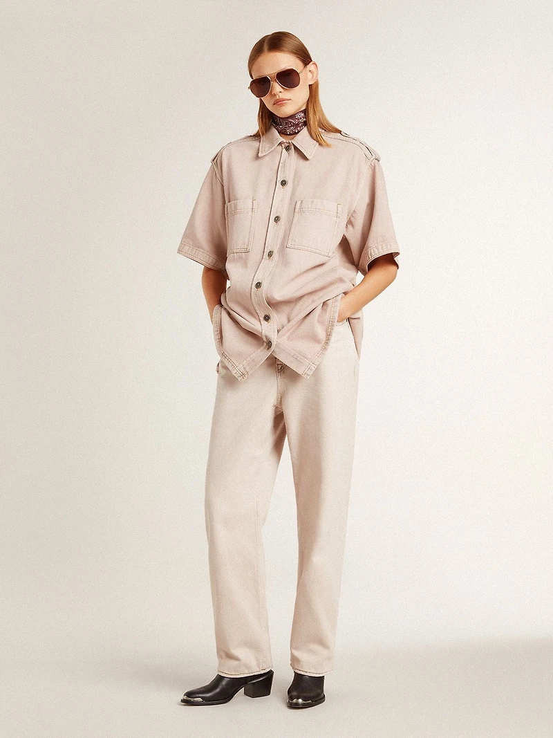 Women's oversized fit pink dyed denim shirt