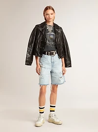 Women’s black leather biker jacket with glossy effect