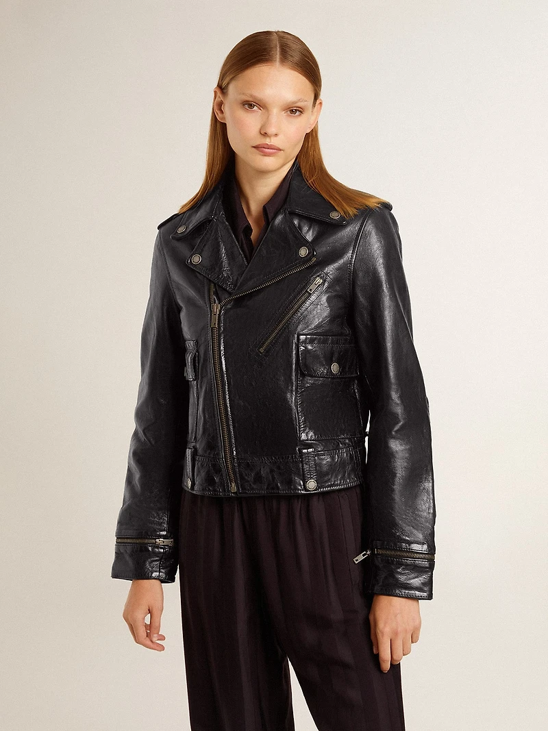 Women’s black leather biker jacket with glossy effect