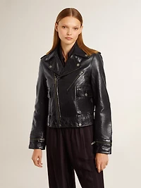 Women’s black leather biker jacket with glossy effect