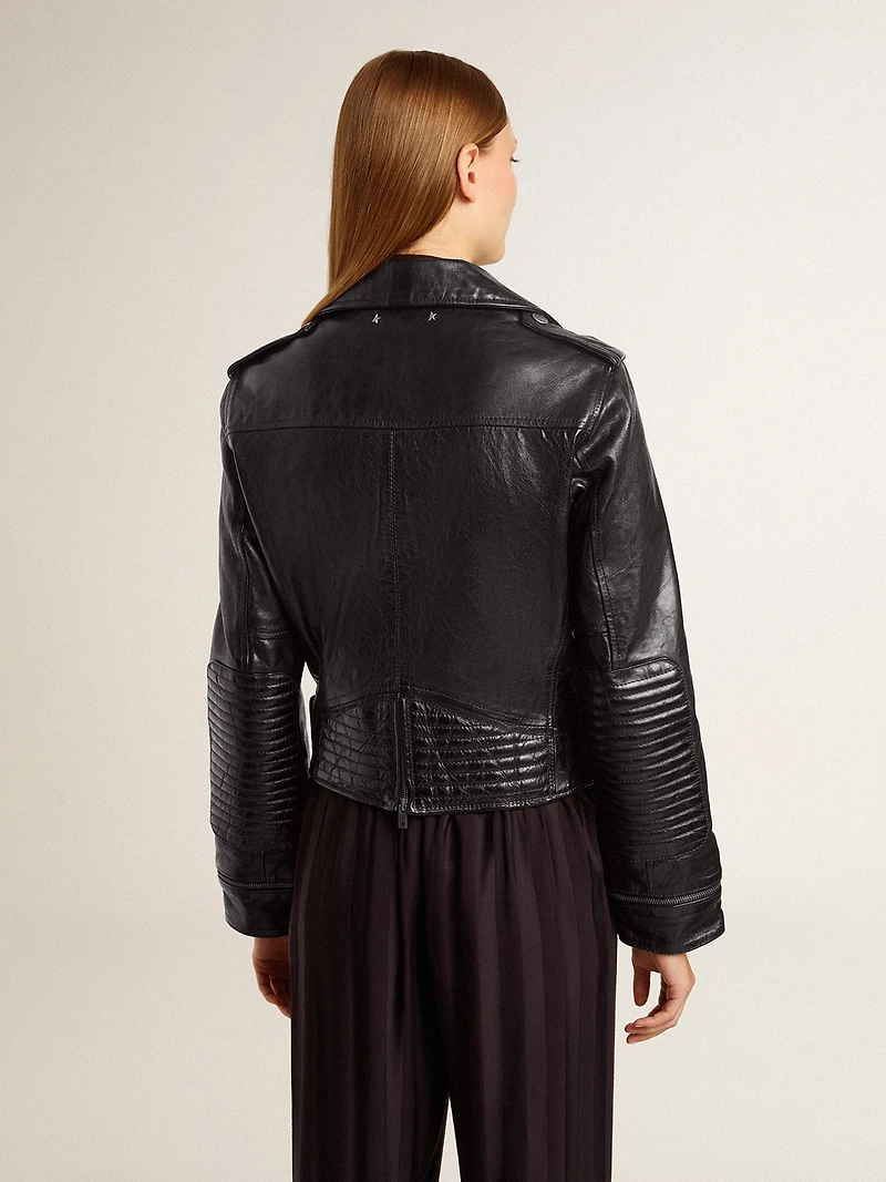 Women’s black leather biker jacket with glossy effect