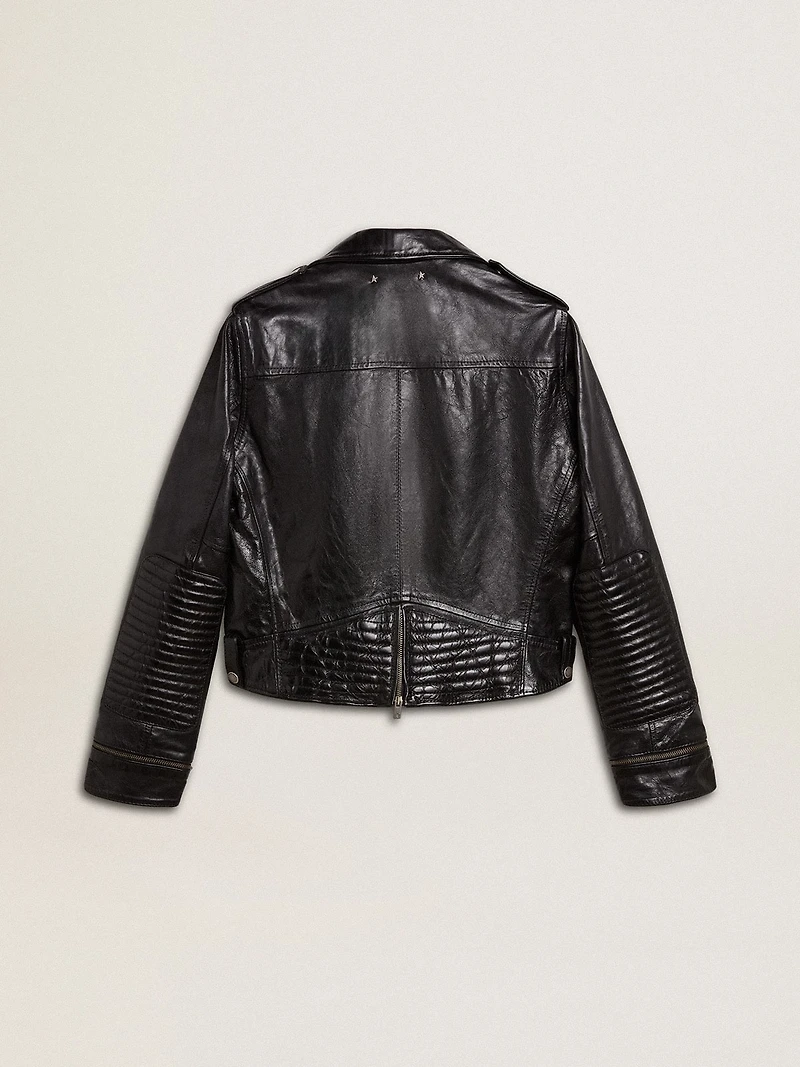 Women’s black leather biker jacket with glossy effect