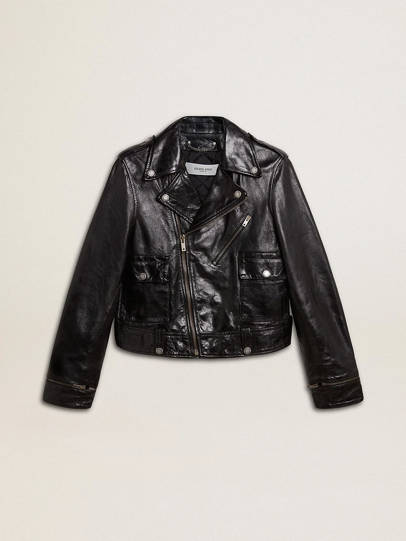 Women’s black leather biker jacket with glossy effect