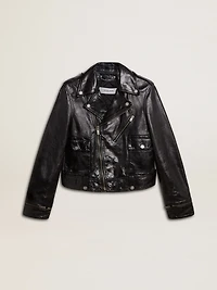 Women’s black leather biker jacket with glossy effect