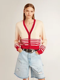Women's cardigan cream with red stripes