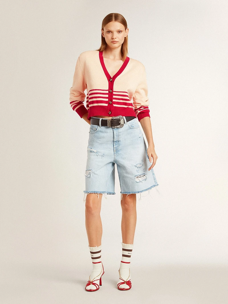 Women's cardigan cream with red stripes