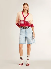 Women's cardigan cream with red stripes