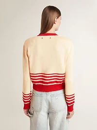 Women's cardigan cream with red stripes