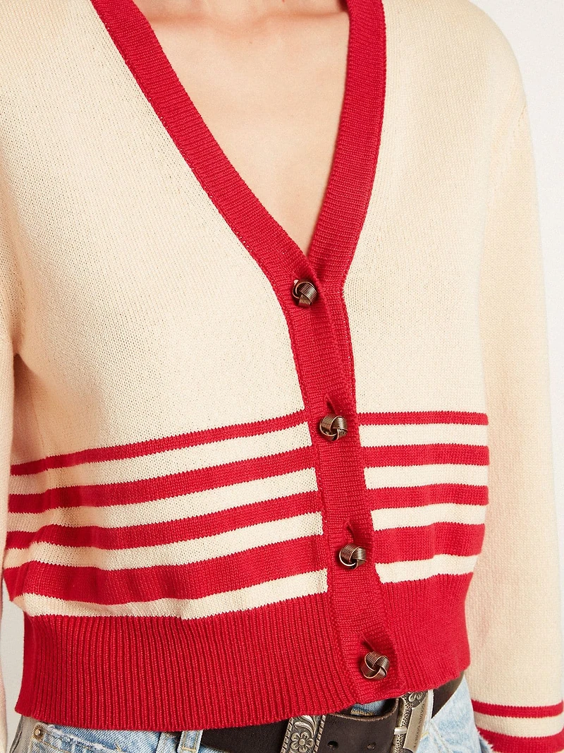 Women's cardigan cream with red stripes