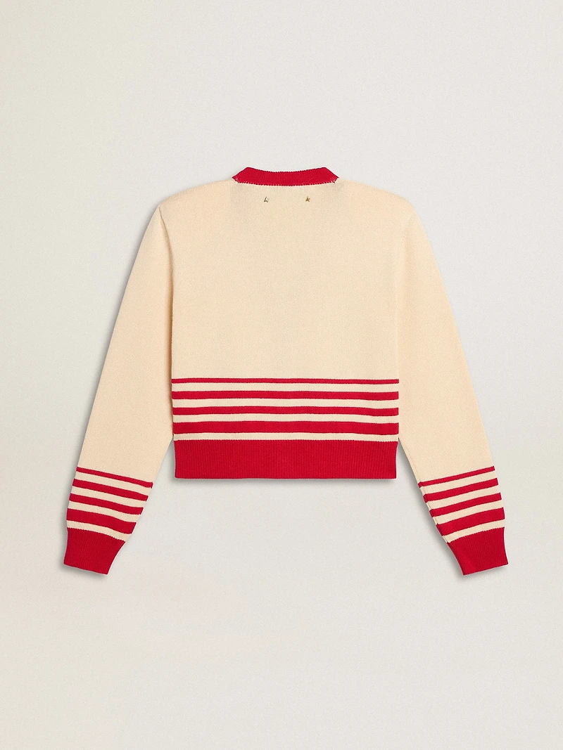 Women's cardigan cream with red stripes