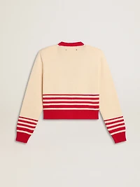 Women's cardigan cream with red stripes