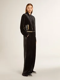 Black velvet-effect pants