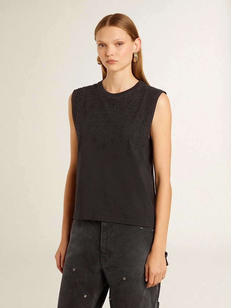Sleeveless T-shirt worn-black with tone-on-tone gradient embroidery
