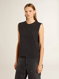 Sleeveless T-shirt worn-black with tone-on-tone gradient embroidery
