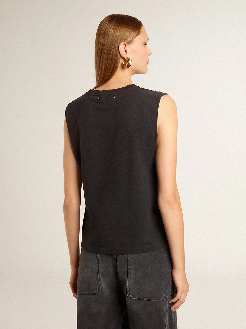 Sleeveless T-shirt worn-black with tone-on-tone gradient embroidery