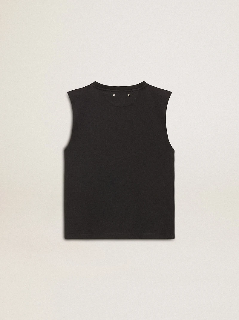 Sleeveless T-shirt worn-black with tone-on-tone gradient embroidery