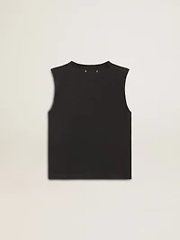 Sleeveless T-shirt worn-black with tone-on-tone gradient embroidery