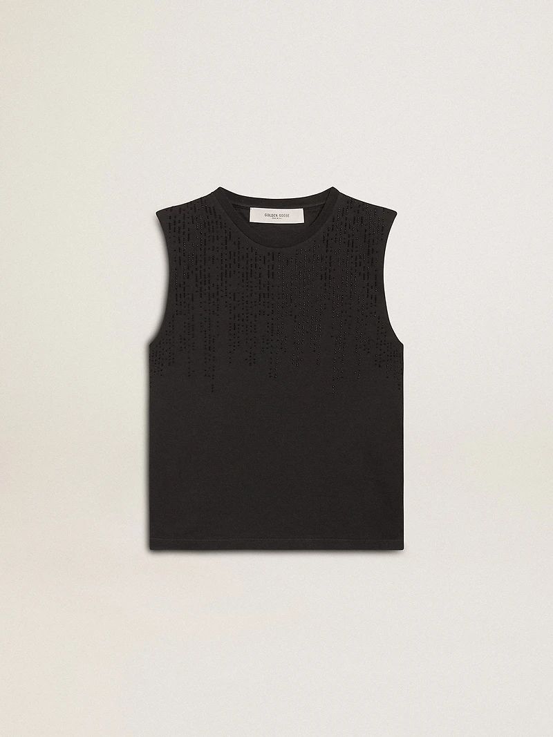 Sleeveless T-shirt worn-black with tone-on-tone gradient embroidery