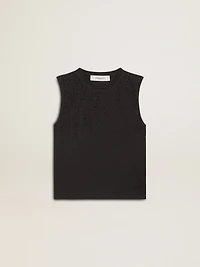 Sleeveless T-shirt worn-black with tone-on-tone gradient embroidery