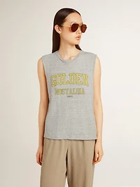 Women's gray sleeveless T-shirt with yellow print