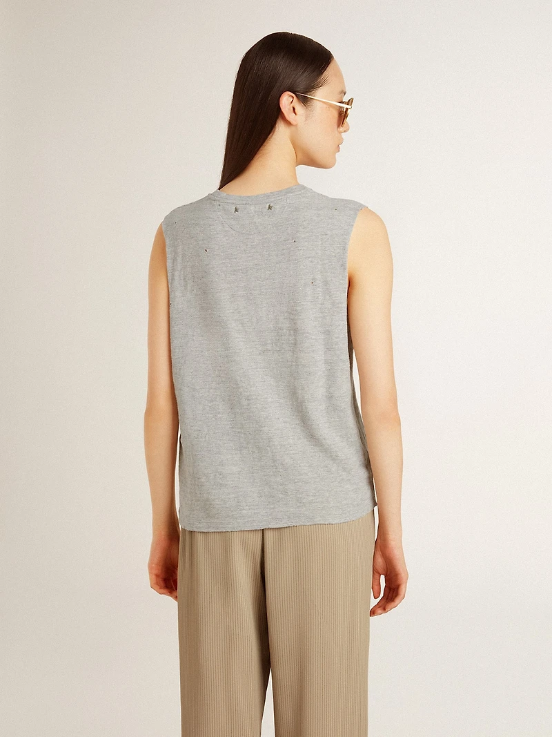 Women's gray sleeveless T-shirt with yellow print