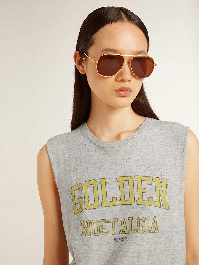 Women's gray sleeveless T-shirt with yellow print