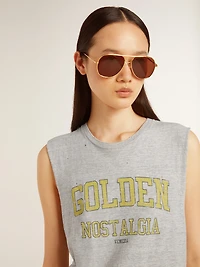 Women's gray sleeveless T-shirt with yellow print